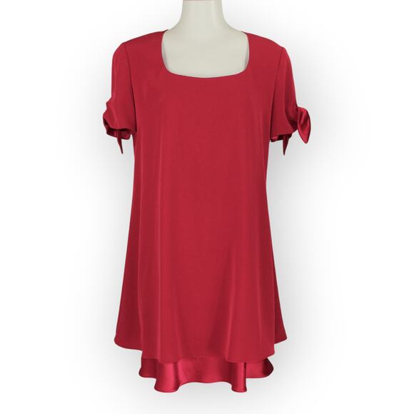 Vintage 8 JonesNewYorkDress Short Shift Swing Satin TieSleeve Holiday Red - Picture 9 of 10